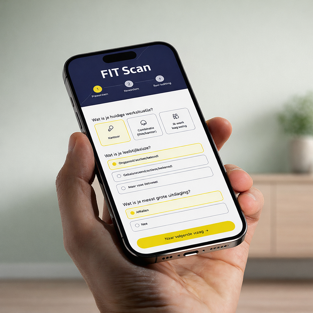 Hand houdt smartphone met FIT Scan-app vast.