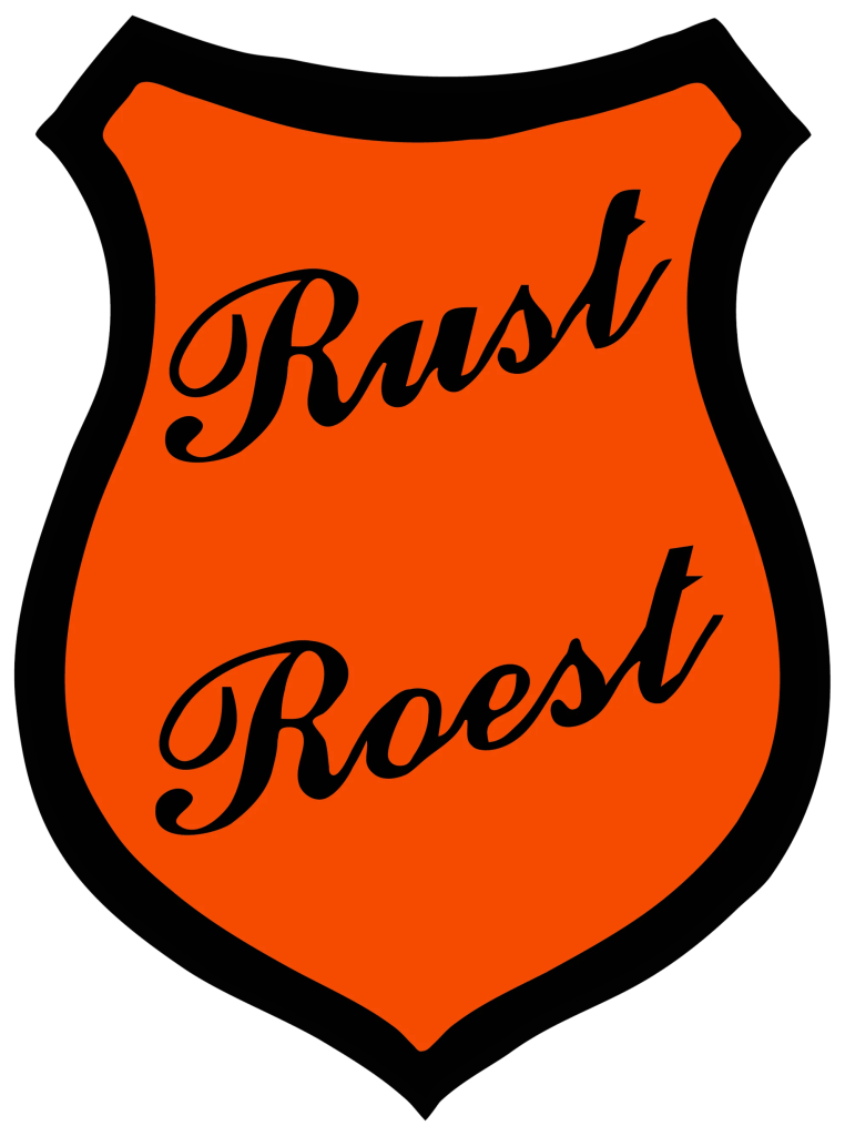 Oranje schild met tekst 'Rust Roest'